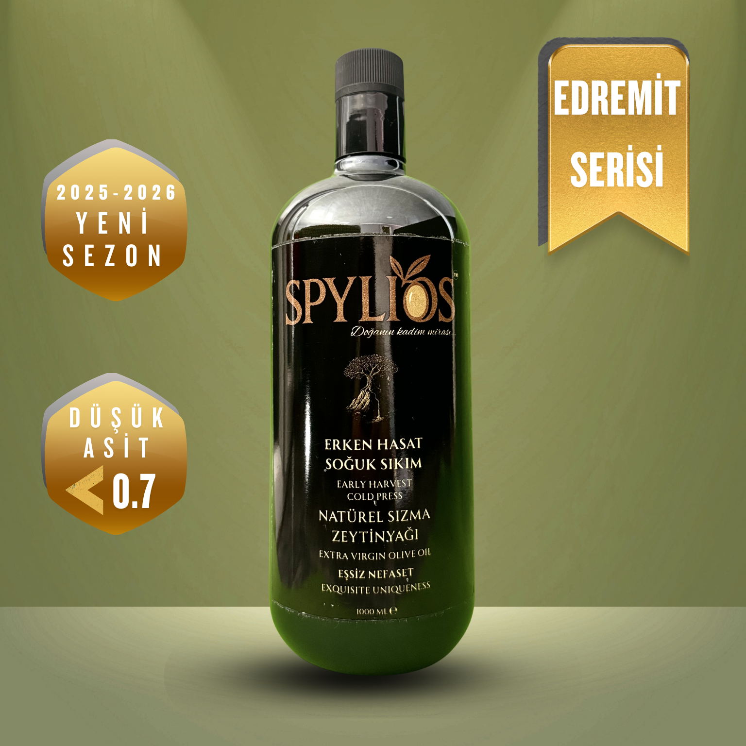 Spylios Natürel Erken Hasat Soğuk Sıkım Edremit Sızma Zeytinyağı 1000 Ml Cam Şişe (2025-2026 Sezonu Yeni Hasat)