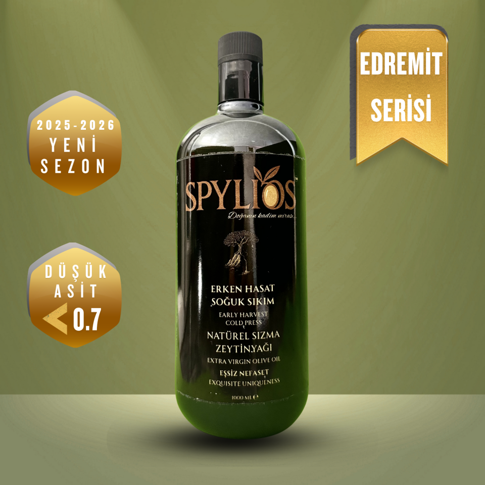Spylios Natürel Erken Hasat Soğuk Sıkım Edremit Sızma Zeytinyağı 1000 Ml Cam Şişe (2025-2026 Sezonu Yeni Hasat)