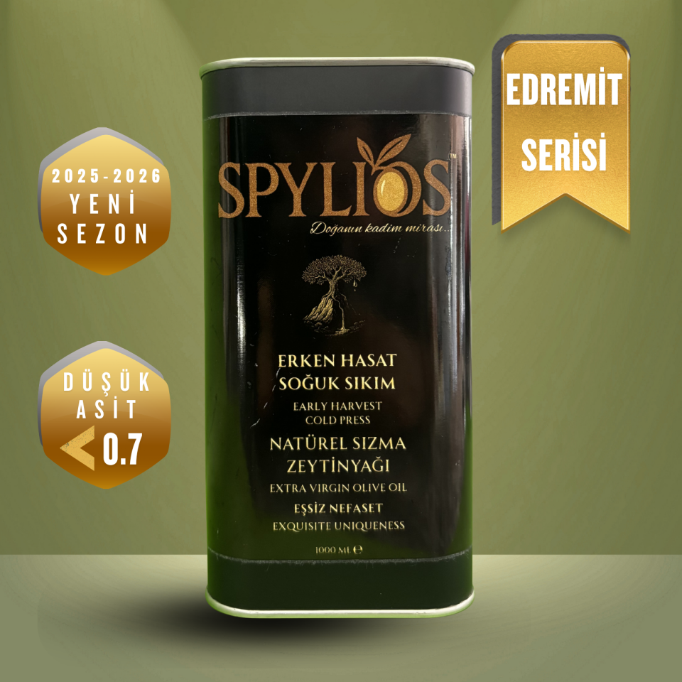 Spylios Natürel Erken Hasat Soğuk Sıkım Edremit Sızma Zeytinyağı 1000 ml Teneke (2025-2026 Sezonu Yeni Hasat)