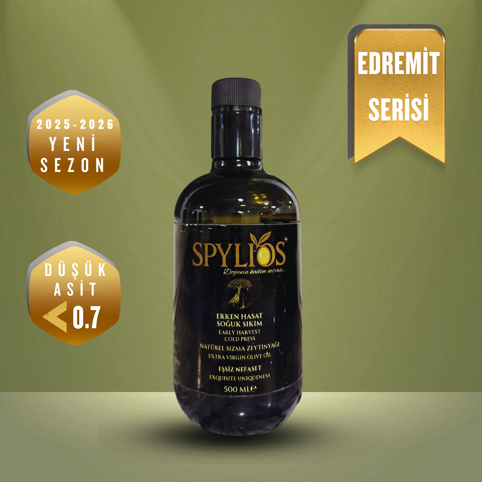 Spylios Natürel Erken Hasat Soğuk Sıkım Edremit Sızma Zeytinyağı 500 ml (2025-2026 Sezonu Yeni Hasat)