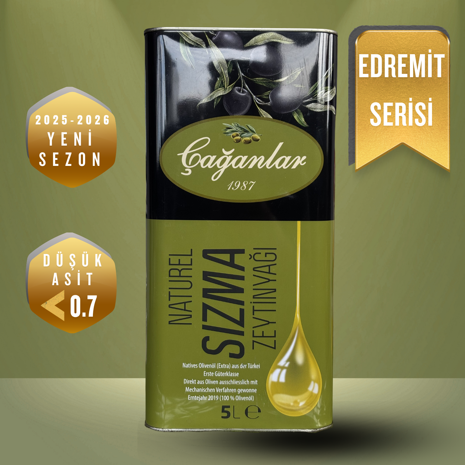 ÇAĞANLAR Natürel Erken Hasat Soğuk Sıkım Edremit Sızma Zeytinyağı 5 LT Teneke