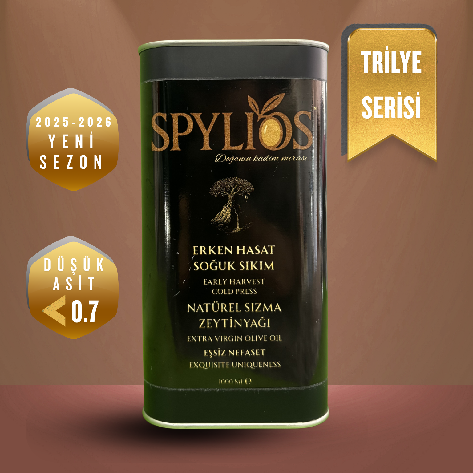 Spylios Natürel Erken Hasat Soğuk Sıkım Trilye Sızma Zeytinyağı 1000 ml Teneke (2025-2026 Sezonu Yeni Hasat)