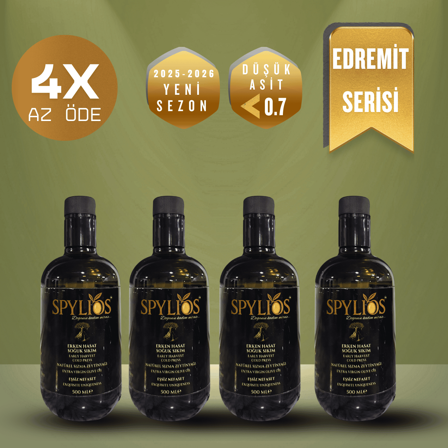 Spylios Natürel Erken Hasat Soğuk Sıkım Edremit Sızma Zeytinyağı Avantajlı Set 4'lü 500 ML Cam Şişe