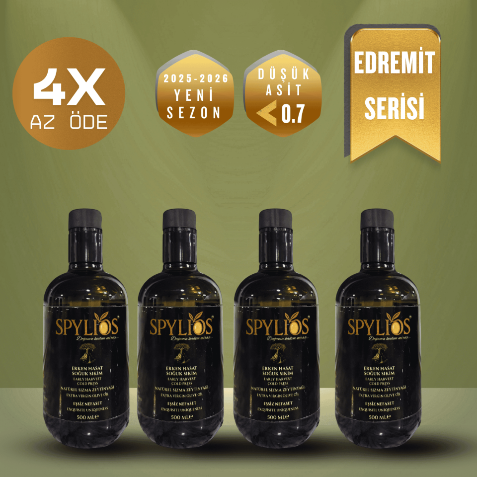 Spylios Natürel Erken Hasat Soğuk Sıkım Edremit Sızma Zeytinyağı Avantajlı Set 4'lü 500 ML Cam Şişe