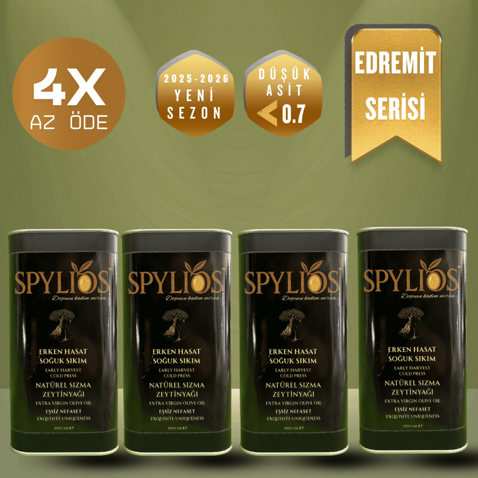 Spylios Natürel Erken Hasat Soğuk Sıkım Edremit Sızma Zeytinyağı Avantajlı Set 4'lü 1 Litre Teneke