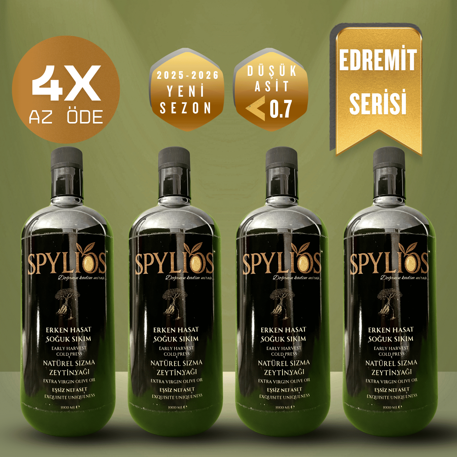 Spylios Natürel Erken Hasat Soğuk Sıkım Edremit Sızma Zeytinyağı Avantajlı Set 4'lü 1 Litre Cam Şişe