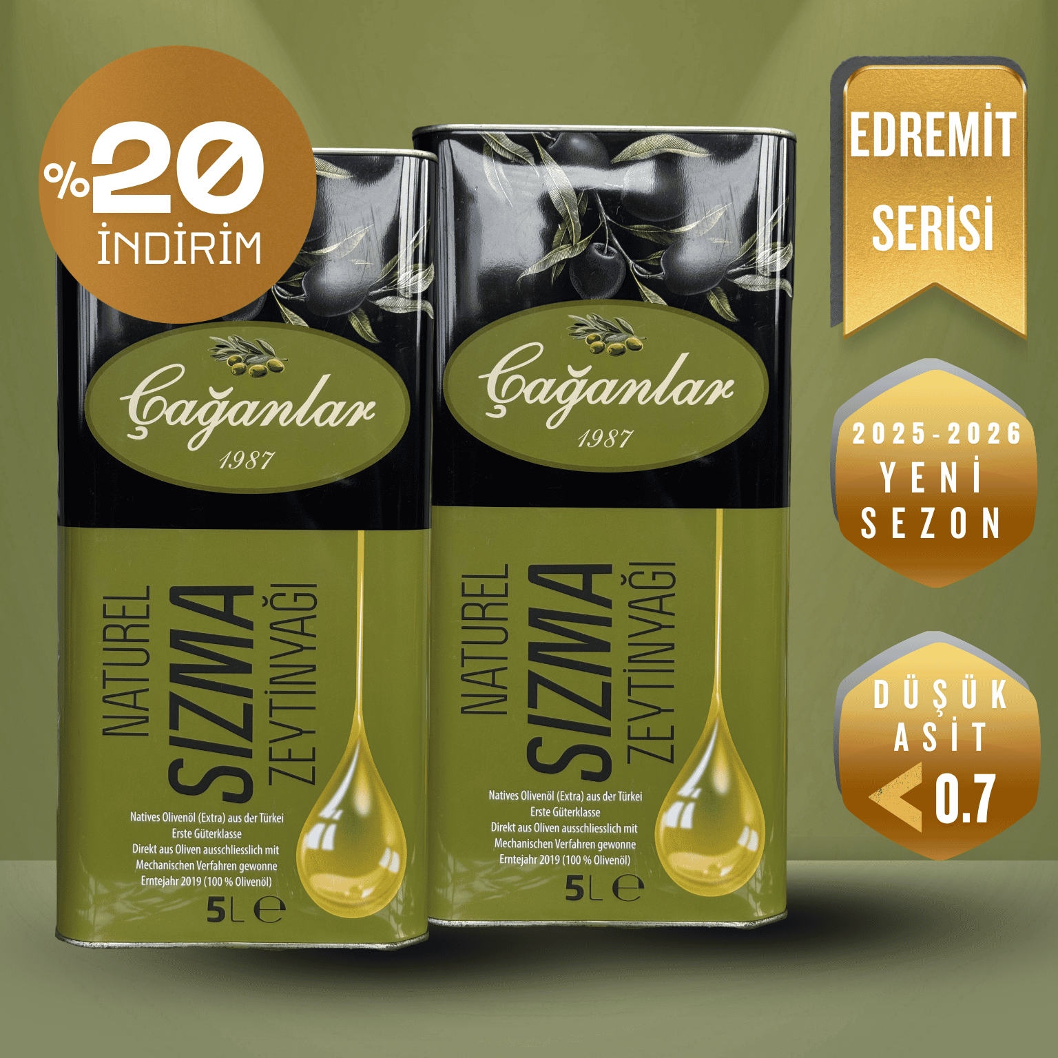 Çağanlar Natürel Erken Hasat Soğuk Sıkım Edremit Sızma Zeytinyağı Avantajlı Set 2'li 5 Litre Teneke