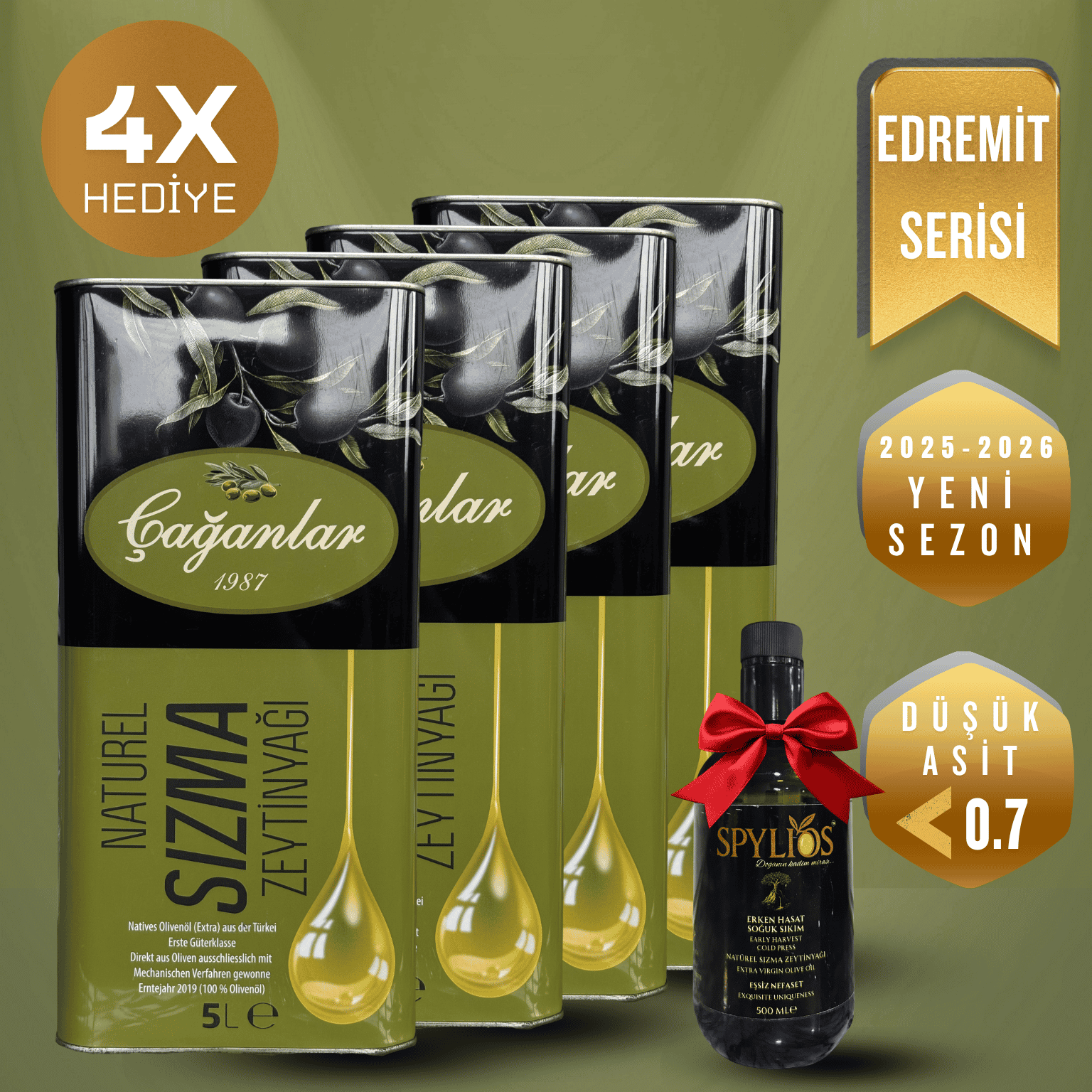 Çağanlar Erken Hasat Soğuk Sıkım Edremit Sızma Zeytinyağı 4'lü 5 LT