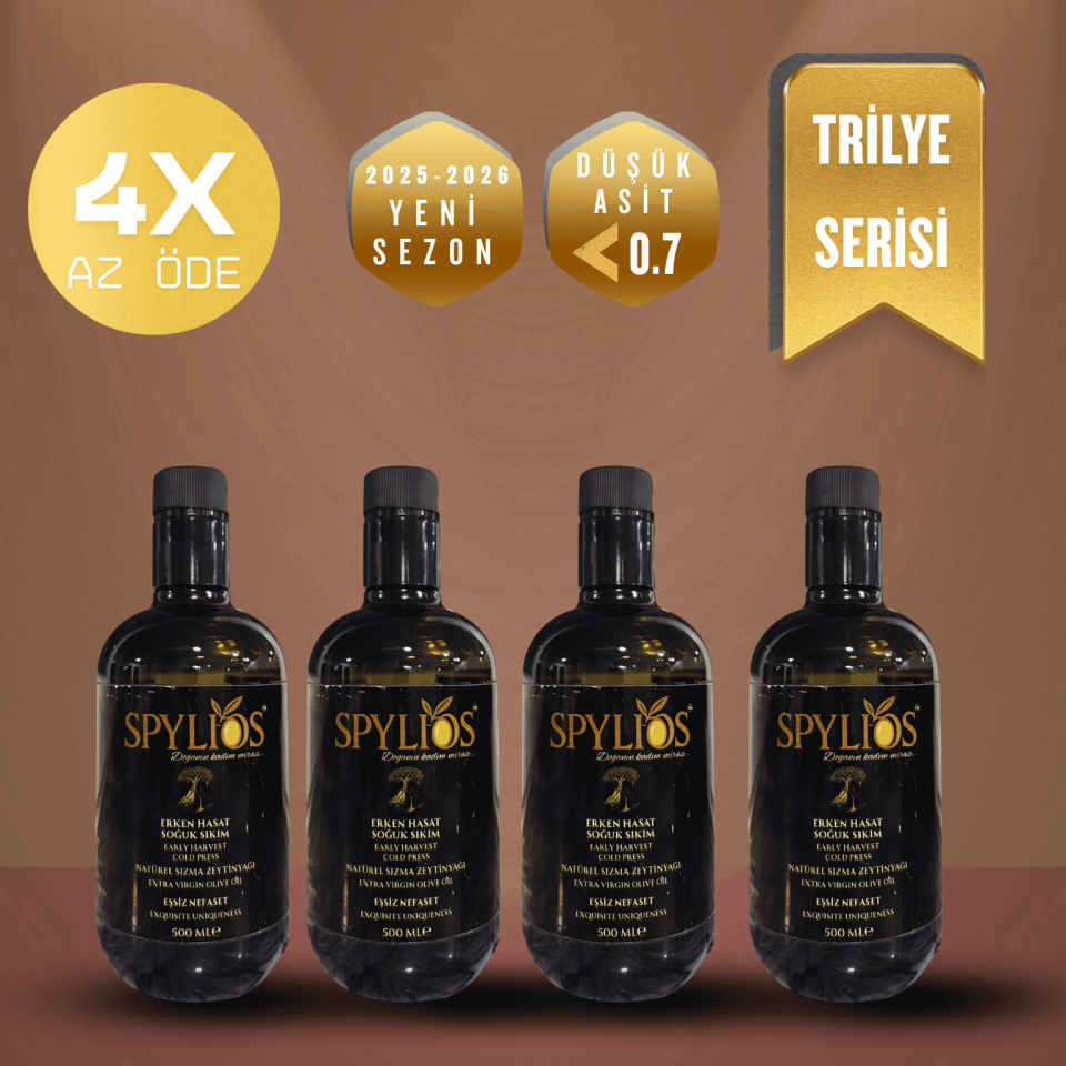 Spylios Natürel Erken Hasat Soğuk Sıkım Trilye Sızma Zeytinyağı Set 4'lü 500 ML Cam Şişe