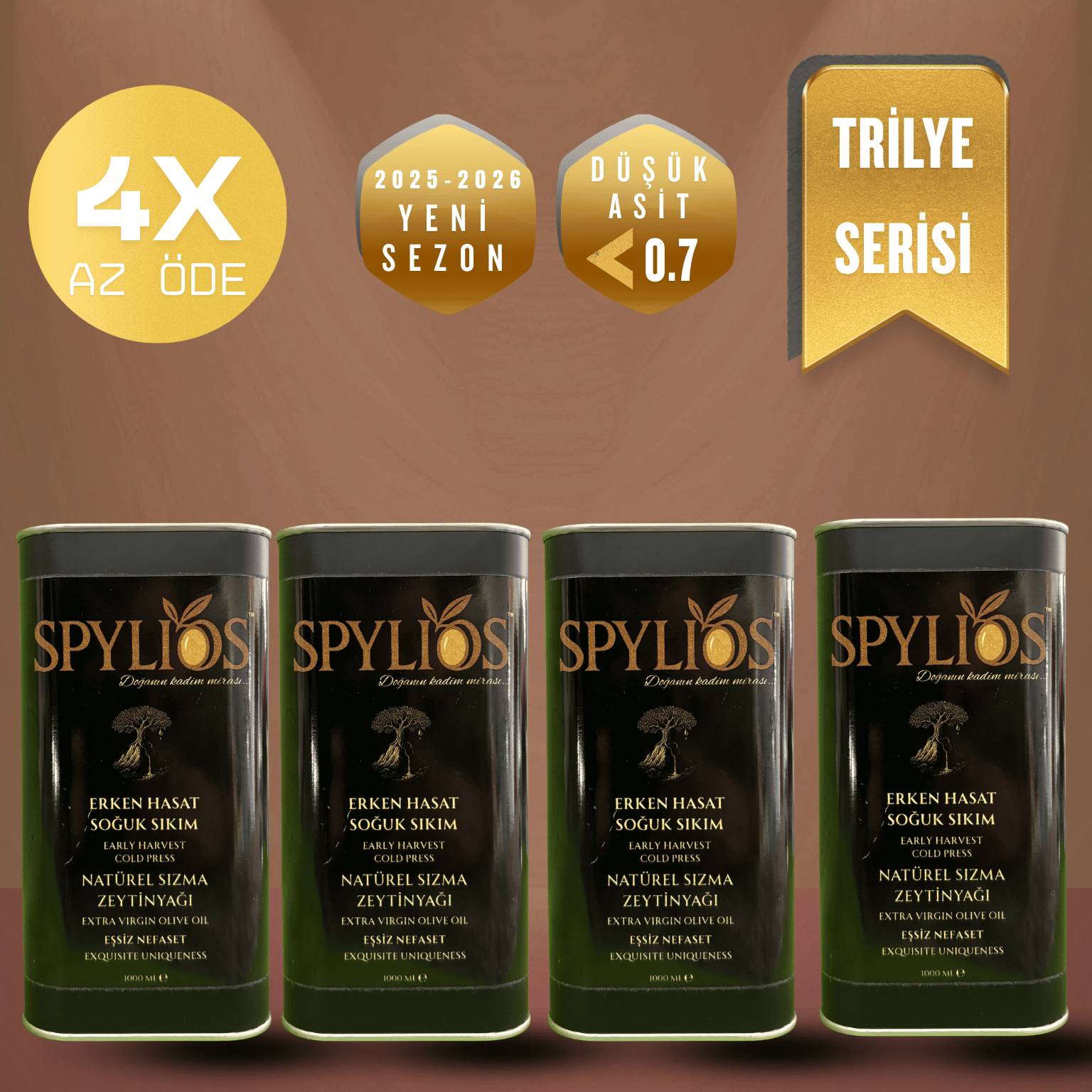 Spylios Natürel Erken Hasat Soğuk Sıkım Trilye Sızma Zeytinyağı Set 4'lü 1 Litre Teneke