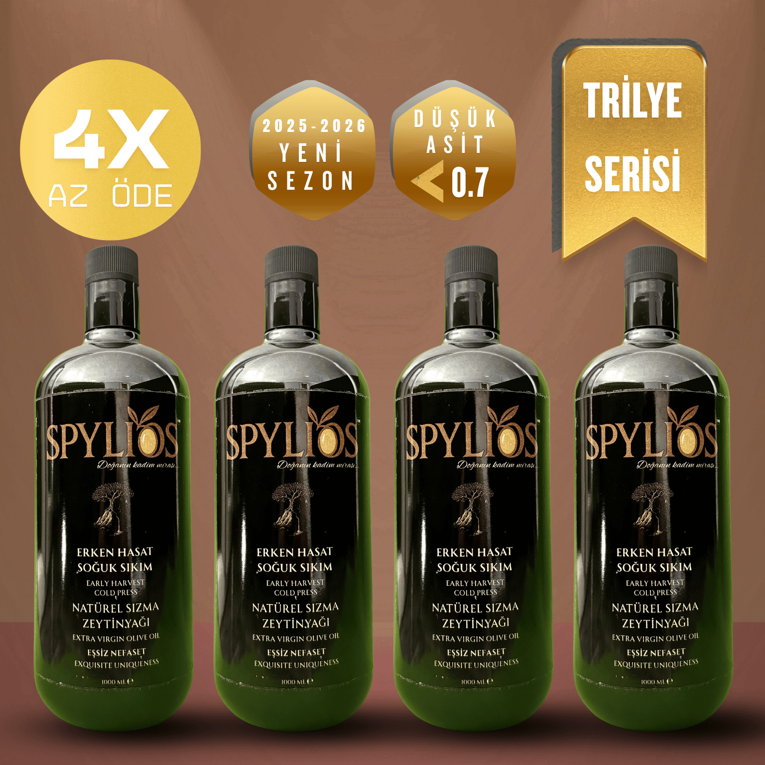 Spylios Natürel Erken Hasat Soğuk Sıkım Trilye Sızma Zeytinyağı Set 4'lü 1 Litre Cam Şişe