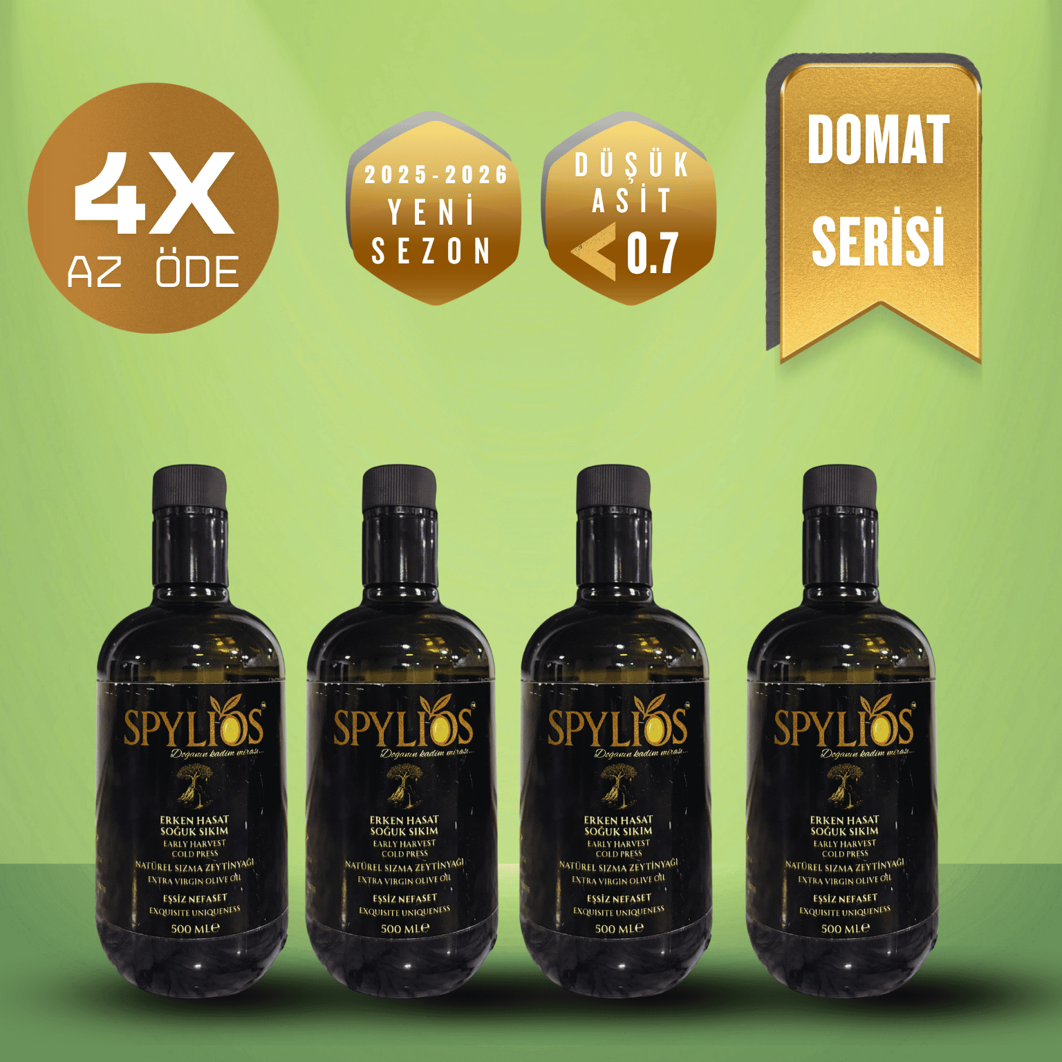 Spylios Natürel Erken Hasat Soğuk Sıkım Domat Sızma Zeytinyağı Set 4'lü 500 ML Cam Şişe