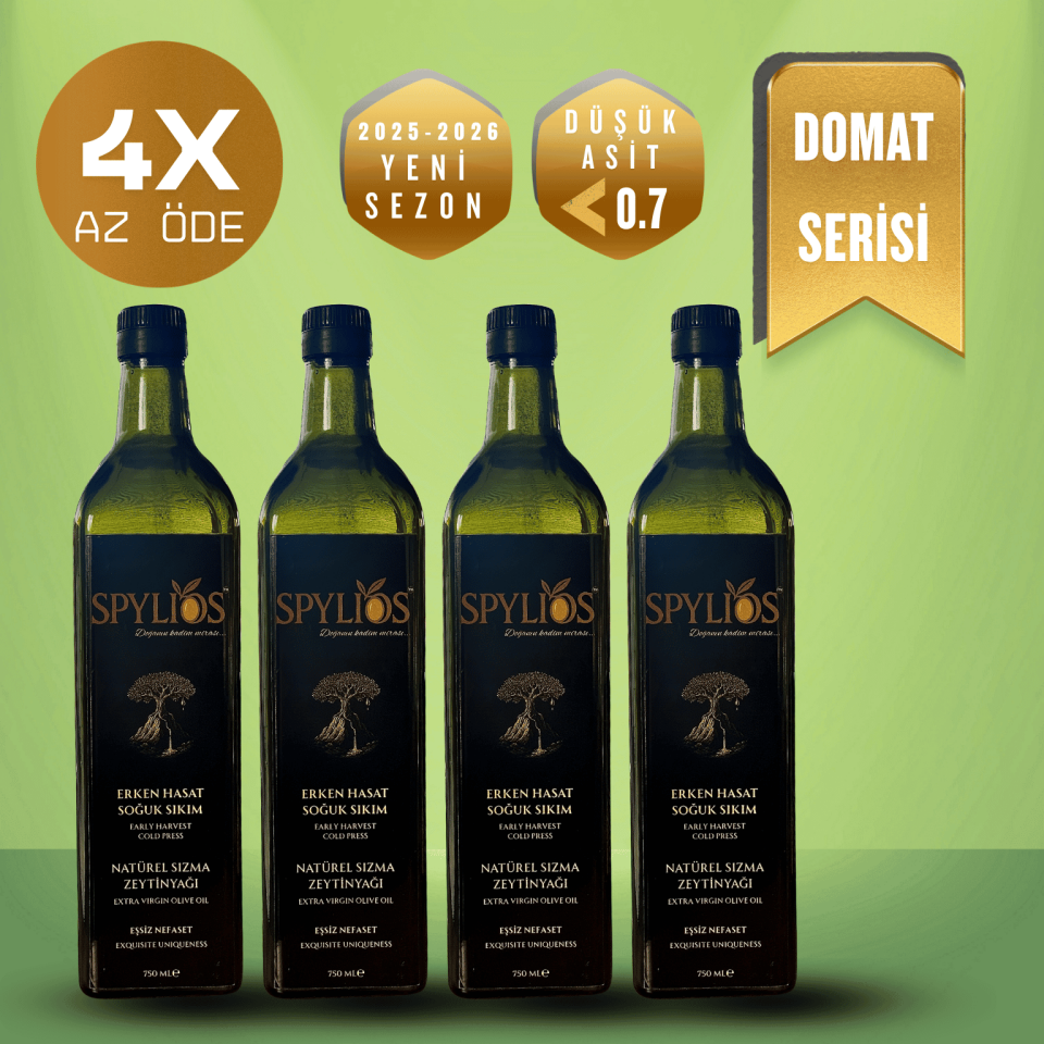 Spylios Natürel Erken Hasat Soğuk Sıkım Domat Sızma Zeytinyağı Set 4'lü 750 ML Cam Şişe