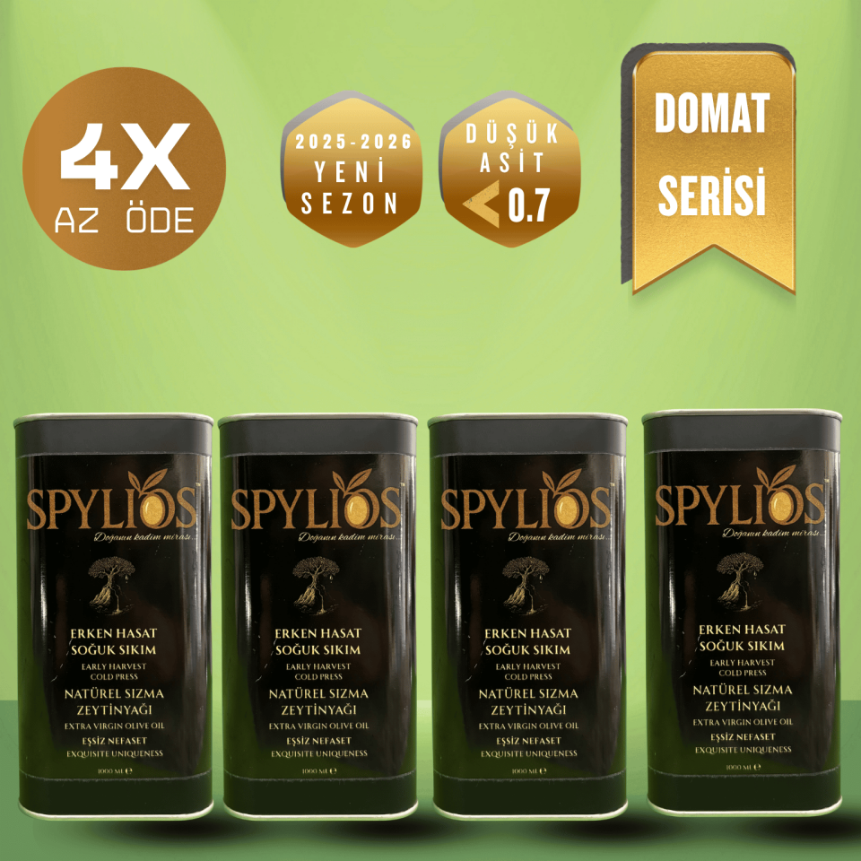 Spylios Natürel Erken Hasat Soğuk Sıkım Domat Sızma Zeytinyağı Set 4'lü 1 Litre Teneke