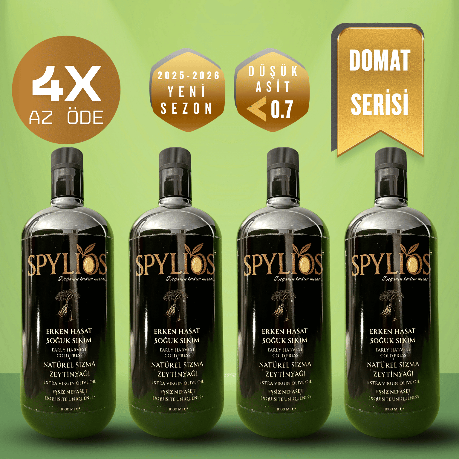 Spylios Natürel Erken Hasat Soğuk Sıkım Domat Sızma Zeytinyağı Set 4'lü 1 Litre Cam Şişe
