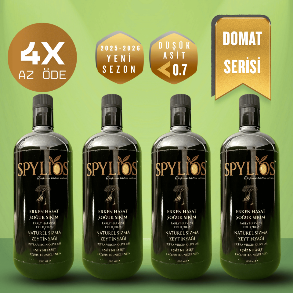 Spylios Natürel Erken Hasat Soğuk Sıkım Domat Sızma Zeytinyağı Set 4'lü 1 Litre Cam Şişe